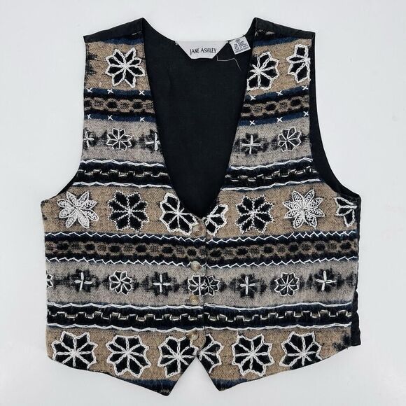 Vintage Jane Ashley Vest Wool Woven Knit Cotton Lined Floral Embroidery Size M - Picture 1 of 10